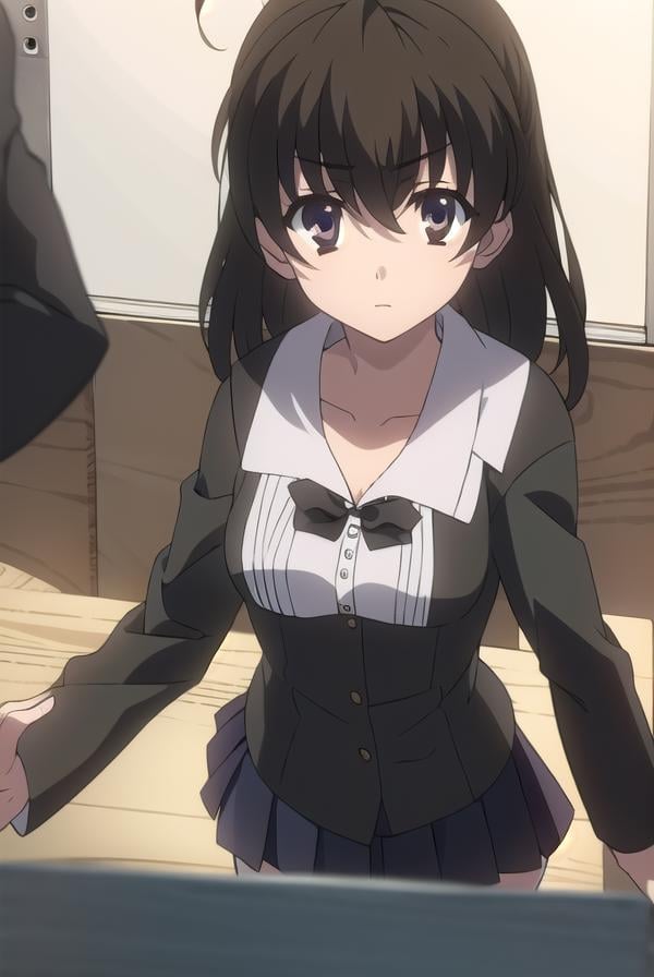 sekaisaionji, <lyco:sekaisaionjLYCORIStest:1>,sekai saionji, black hair, (brown eyes:1.5), ahoge,BREAK skirt, thighhighs, school uniform, shoes, black thighhighs, zettai ryouiki,BREAK looking at viewer,BREAK indoors, classroom,BREAK <lora:GoodHands-vanilla:1>, (masterpiece:1.2), best quality, high resolution, unity 8k wallpaper, (illustration:0.8), (beautiful detailed eyes:1.6), extremely detailed face, perfect lighting, extremely detailed CG, (perfect hands, perfect anatomy),