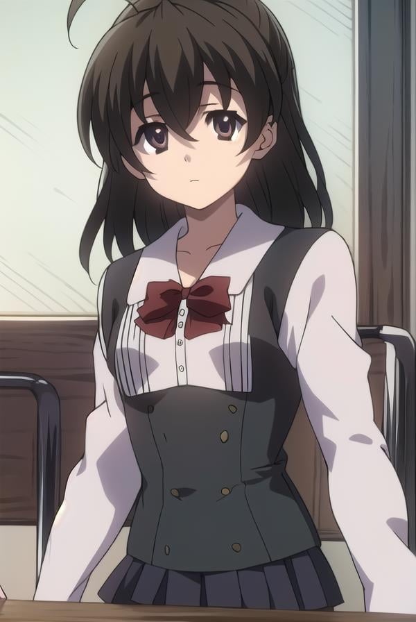 sekaisaionji, <lyco:sekaisaionjLYCORIStest:1>,sekai saionji, black hair, (brown eyes:1.5), ahoge,BREAK skirt, thighhighs, school uniform, shoes, black thighhighs, zettai ryouiki,BREAK looking at viewer,BREAK indoors, classroom,BREAK <lora:GoodHands-vanilla:1>, (masterpiece:1.2), best quality, high resolution, unity 8k wallpaper, (illustration:0.8), (beautiful detailed eyes:1.6), extremely detailed face, perfect lighting, extremely detailed CG, (perfect hands, perfect anatomy),