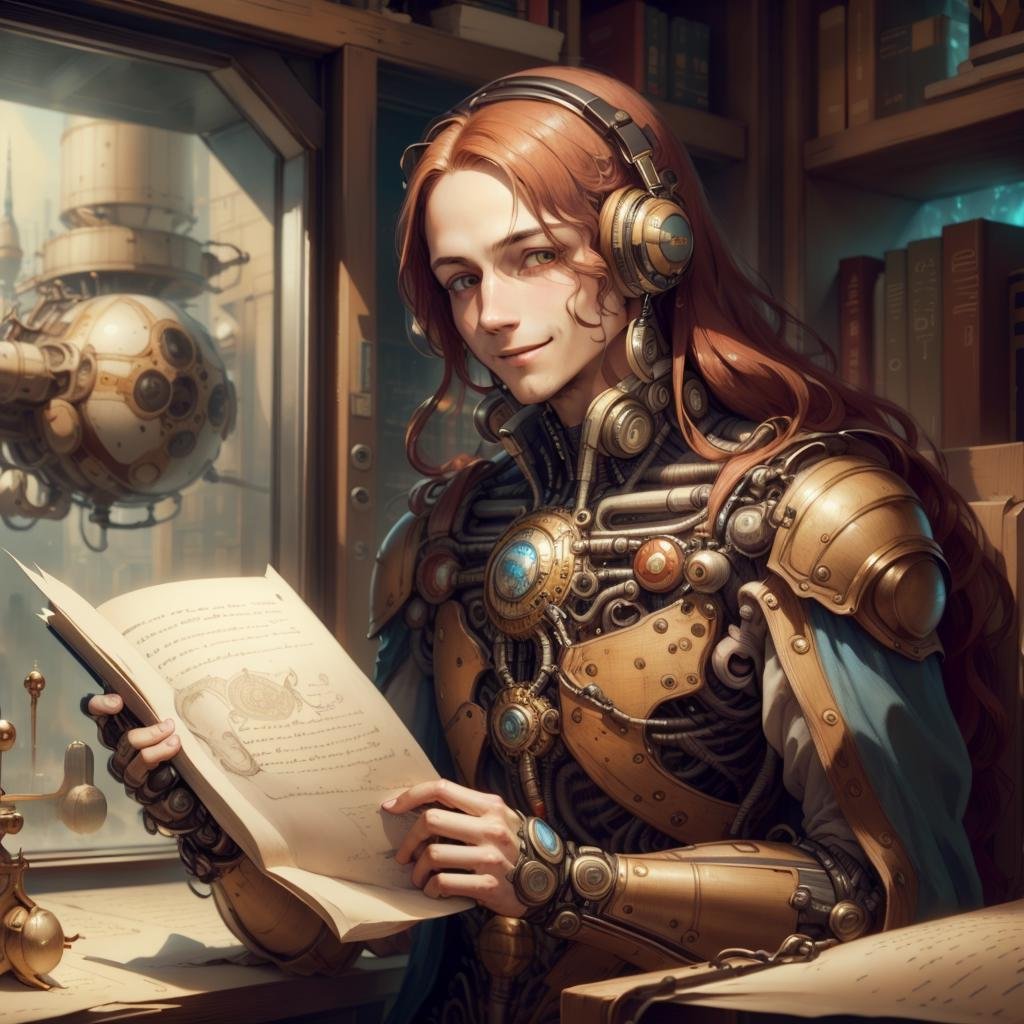 <lora:DaVinciTech-25:1>, scifi, davincitech, by leonardo da vinci,   scholar , scroll, 1boy,long hair, red hair, glowing eyes, smile ,closed mouth, man , 