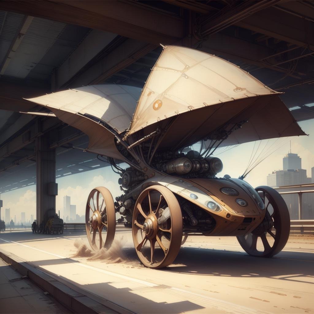 <lora:DaVinciTech-25:0.9>, scifi, davincitech, by leonardo da vinci,   car  on the highway 