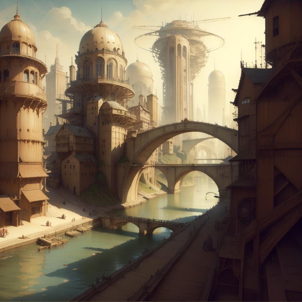 <lora:DaVinciTech-25:1>, scifi, davincitech, by leonardo da vinci,   city, bridge, river