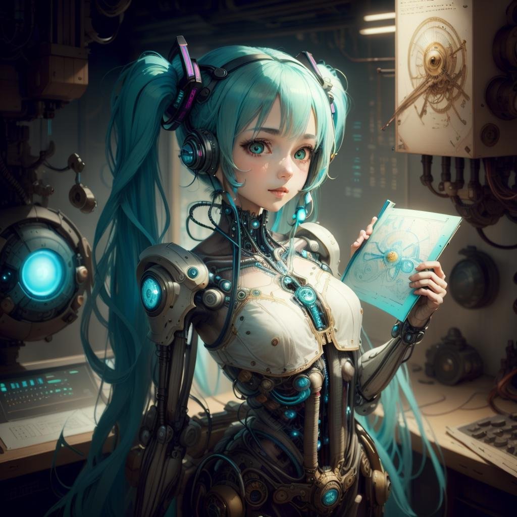 <lora:DaVinciTech-25:1>, scifi, davincitech, by leonardo da vinci,   1girl, glowing eyes, hatsune miku, 