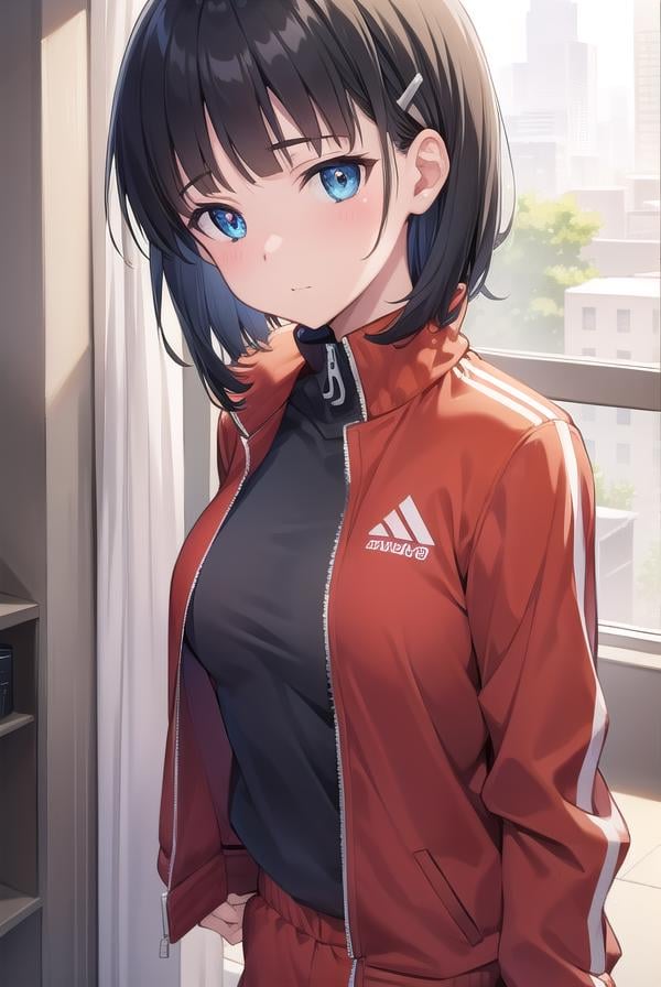 suguhakirigaya, <lora:suguhakirigayatest:1>, suguha kirigaya, (green eyes:1.2), hair ornament, hairclip, short hair, black hair,BREAK jacket, track jacket, (red  track jacket:1.5), zipper, shorts, short shorts,BREAK looking at viewer,BREAK indoors,BREAK <lyco:GoodHands-beta2:1>, (masterpiece:1.2), best quality, high resolution, unity 8k wallpaper, (illustration:0.8), (beautiful detailed eyes:1.6), extremely detailed face, perfect lighting, extremely detailed CG, (perfect hands, perfect anatomy),