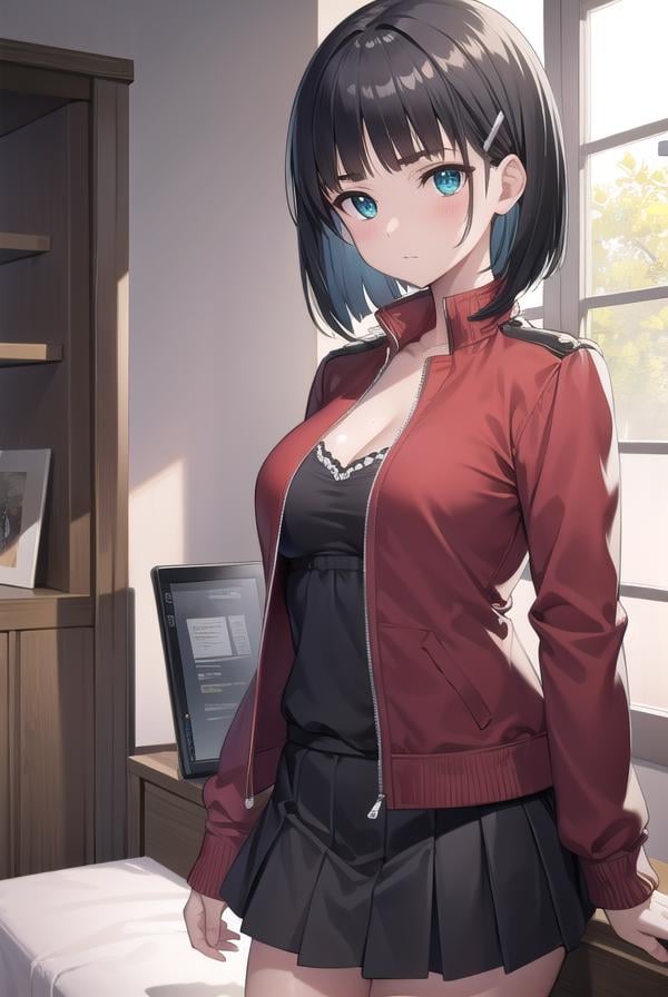 suguhakirigaya, <lora:suguhakirigayatest:1>, suguha kirigaya, (green eyes:1.2), hair ornament, hairclip, short hair, black hair,BREAK skirt, black skirt, jacket, (red jacket:1.5), cleavage, bra, panty, pantyshot,BREAK looking at viewer,BREAK indoors, bed,BREAK <lyco:GoodHands-beta2:1>, (masterpiece:1.2), best quality, high resolution, unity 8k wallpaper, (illustration:0.8), (beautiful detailed eyes:1.6), extremely detailed face, perfect lighting, extremely detailed CG, (perfect hands, perfect anatomy),