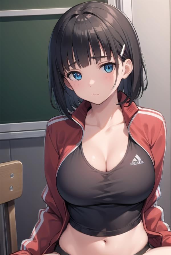 suguhakirigaya, <lora:suguhakirigayatest:1>, suguha kirigaya, (green eyes:1.2), hair ornament, hairclip, short hair, black hair,BREAK skirt, black skirt, jacket, track jacket, (red  track jacket:1.5), cleavage, bra, panties, white panties, zipper, navel, stomach, tank top, black tank top, BREAK looking at viewer,BREAK indoors, classroom,BREAK <lyco:GoodHands-beta2:1>, (masterpiece:1.2), best quality, high resolution, unity 8k wallpaper, (illustration:0.8), (beautiful detailed eyes:1.6), extremely detailed face, perfect lighting, extremely detailed CG, (perfect hands, perfect anatomy),