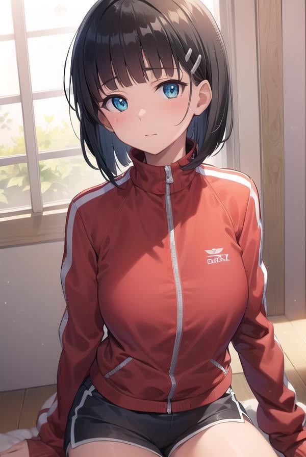 suguhakirigaya, <lora:suguhakirigayatest:1>, suguha kirigaya, (green eyes:1.2), hair ornament, hairclip, short hair, black hair,BREAK jacket, track jacket, (red  track jacket:1.5), zipper, shorts, short shorts,BREAK looking at viewer,BREAK indoors,BREAK <lyco:GoodHands-beta2:1>, (masterpiece:1.2), best quality, high resolution, unity 8k wallpaper, (illustration:0.8), (beautiful detailed eyes:1.6), extremely detailed face, perfect lighting, extremely detailed CG, (perfect hands, perfect anatomy),