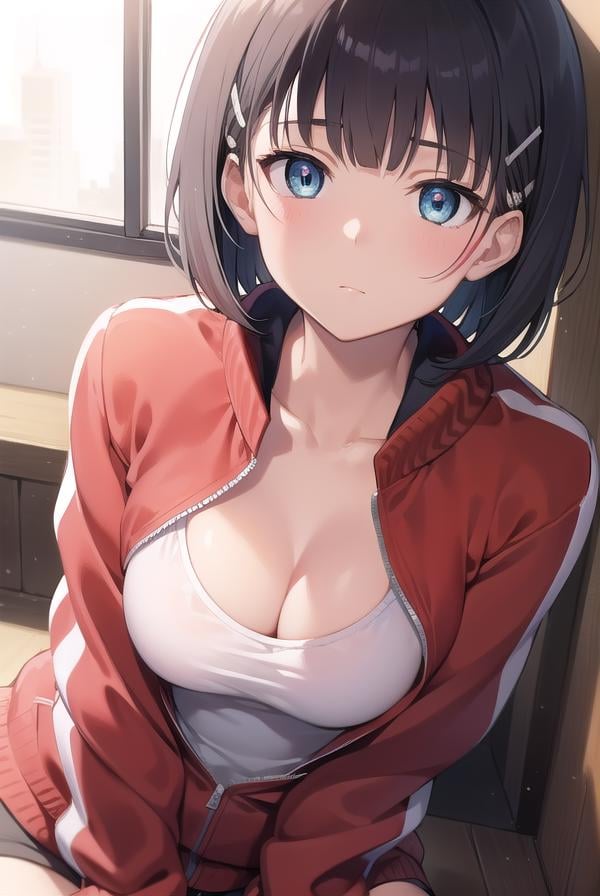 suguhakirigaya, <lora:suguhakirigayatest:1>, suguha kirigaya, (green eyes:1.2), hair ornament, hairclip, short hair, black hair,BREAK jacket, track jacket, (red  track jacket:1.5), zipper, shorts, short shorts,BREAK looking at viewer,BREAK indoors,BREAK <lyco:GoodHands-beta2:1>, (masterpiece:1.2), best quality, high resolution, unity 8k wallpaper, (illustration:0.8), (beautiful detailed eyes:1.6), extremely detailed face, perfect lighting, extremely detailed CG, (perfect hands, perfect anatomy),