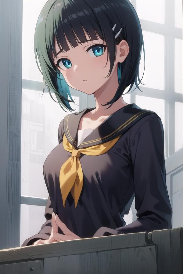 suguhakirigaya, <lora:suguhakirigayatest:1>, suguha kirigaya, (green eyes:1.2), hair ornament, hairclip, short hair, black hair, (medium breast:1.2),BREAK black sailor collar, collarbone, neckerchief, sailor collar, yellow neckerchief,BREAK looking at viewer,BREAK city,BREAK <lora:GoodHands-vanilla:1>, (masterpiece:1.2), best quality, high resolution, unity 8k wallpaper, (illustration:0.8), (beautiful detailed eyes:1.6), extremely detailed face, perfect lighting, extremely detailed CG, (perfect hands, perfect anatomy),