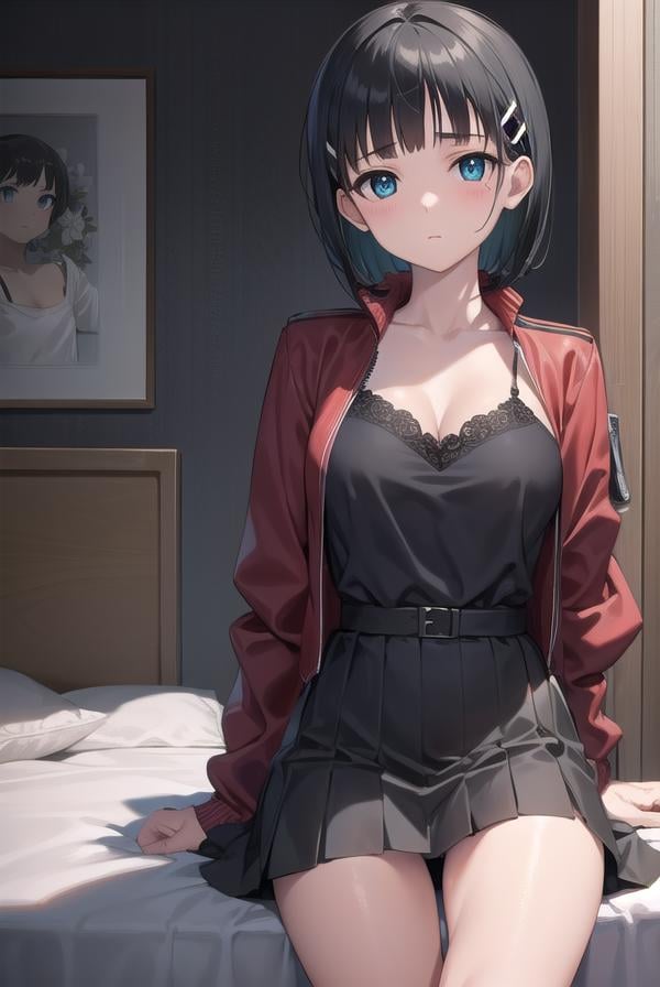 suguhakirigaya, <lora:suguhakirigayatest:1>, suguha kirigaya, (green eyes:1.2), hair ornament, hairclip, short hair, black hair,BREAK skirt, black skirt, jacket, (red jacket:1.5), cleavage, bra, panty, pantyshot,BREAK looking at viewer,BREAK indoors, bed,BREAK <lyco:GoodHands-beta2:1>, (masterpiece:1.2), best quality, high resolution, unity 8k wallpaper, (illustration:0.8), (beautiful detailed eyes:1.6), extremely detailed face, perfect lighting, extremely detailed CG, (perfect hands, perfect anatomy),