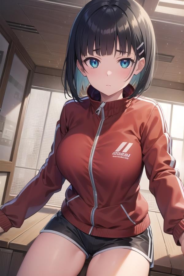 suguhakirigaya, <lora:suguhakirigayatest:1>, suguha kirigaya, (green eyes:1.2), hair ornament, hairclip, short hair, black hair,BREAK jacket, track jacket, (red  track jacket:1.5), zipper, shorts, short shorts,BREAK looking at viewer,BREAK indoors,BREAK <lyco:GoodHands-beta2:1>, (masterpiece:1.2), best quality, high resolution, unity 8k wallpaper, (illustration:0.8), (beautiful detailed eyes:1.6), extremely detailed face, perfect lighting, extremely detailed CG, (perfect hands, perfect anatomy),