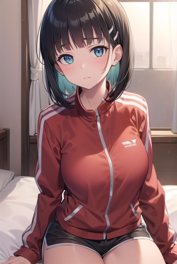 suguhakirigaya, <lora:suguhakirigayatest:1>, suguha kirigaya, (green eyes:1.2), hair ornament, hairclip, short hair, black hair,BREAK jacket, track jacket, (red  track jacket:1.5), zipper, shorts, short shorts,BREAK looking at viewer,BREAK indoors,BREAK <lyco:GoodHands-beta2:1>, (masterpiece:1.2), best quality, high resolution, unity 8k wallpaper, (illustration:0.8), (beautiful detailed eyes:1.6), extremely detailed face, perfect lighting, extremely detailed CG, (perfect hands, perfect anatomy),