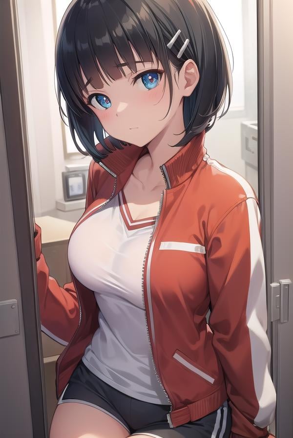 suguhakirigaya, <lora:suguhakirigayatest:1>, suguha kirigaya, (green eyes:1.2), hair ornament, hairclip, short hair, black hair,BREAK jacket, track jacket, (red  track jacket:1.5), zipper, shorts, short shorts,BREAK looking at viewer,BREAK indoors,BREAK <lyco:GoodHands-beta2:1>, (masterpiece:1.2), best quality, high resolution, unity 8k wallpaper, (illustration:0.8), (beautiful detailed eyes:1.6), extremely detailed face, perfect lighting, extremely detailed CG, (perfect hands, perfect anatomy),