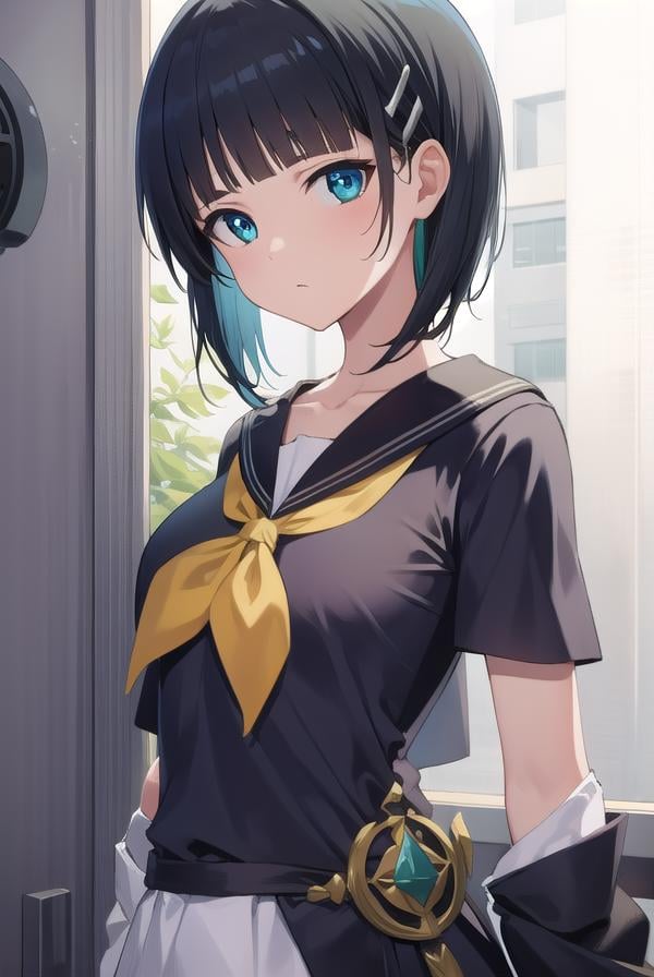 suguhakirigaya, <lora:suguhakirigayatest:1>, suguha kirigaya, (green eyes:1.2), hair ornament, hairclip, short hair, black hair,BREAK black sailor collar, collarbone, neckerchief, sailor collar, yellow neckerchief,BREAK looking at viewer,BREAK city,BREAK <lora:GoodHands-vanilla:1>, (masterpiece:1.2), best quality, high resolution, unity 8k wallpaper, (illustration:0.8), (beautiful detailed eyes:1.6), extremely detailed face, perfect lighting, extremely detailed CG, (perfect hands, perfect anatomy),