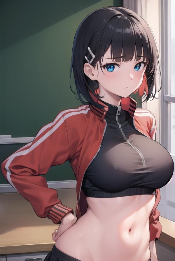 suguhakirigaya, <lora:suguhakirigayatest:1>, suguha kirigaya, (green eyes:1.2), hair ornament, hairclip, short hair, black hair,BREAK skirt, black skirt, jacket, track jacket, (red  track jacket:1.5), cleavage, bra, panties, white panties, zipper, navel, stomach, tank top, black tank top, BREAK looking at viewer,BREAK indoors, classroom,BREAK <lyco:GoodHands-beta2:1>, (masterpiece:1.2), best quality, high resolution, unity 8k wallpaper, (illustration:0.8), (beautiful detailed eyes:1.6), extremely detailed face, perfect lighting, extremely detailed CG, (perfect hands, perfect anatomy),