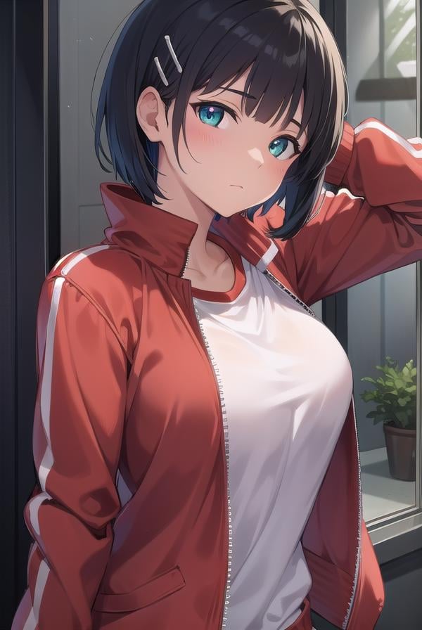 suguhakirigaya, <lora:suguhakirigayatest:1>, suguha kirigaya, (green eyes:1.2), hair ornament, hairclip, short hair, black hair,BREAK jacket, track jacket, (red  track jacket:1.5), zipper, shorts, short shorts,BREAK looking at viewer,BREAK indoors,BREAK <lyco:GoodHands-beta2:1>, (masterpiece:1.2), best quality, high resolution, unity 8k wallpaper, (illustration:0.8), (beautiful detailed eyes:1.6), extremely detailed face, perfect lighting, extremely detailed CG, (perfect hands, perfect anatomy),