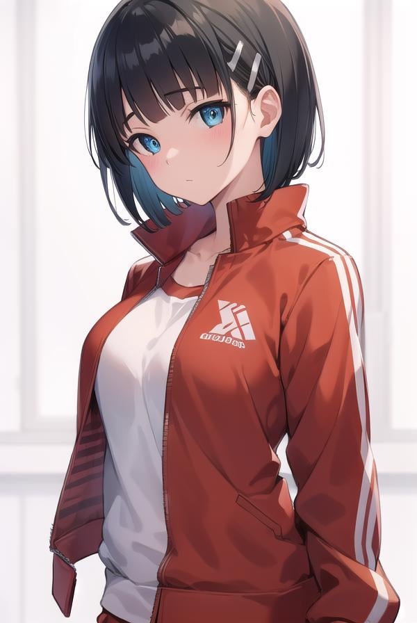 suguhakirigaya, <lora:suguhakirigayatest:1>, suguha kirigaya, (green eyes:1.2), hair ornament, hairclip, short hair, black hair,BREAK jacket, track jacket, (red  track jacket:1.5), zipper, shorts, short shorts,BREAK looking at viewer,BREAK indoors,BREAK <lyco:GoodHands-beta2:1>, (masterpiece:1.2), best quality, high resolution, unity 8k wallpaper, (illustration:0.8), (beautiful detailed eyes:1.6), extremely detailed face, perfect lighting, extremely detailed CG, (perfect hands, perfect anatomy),