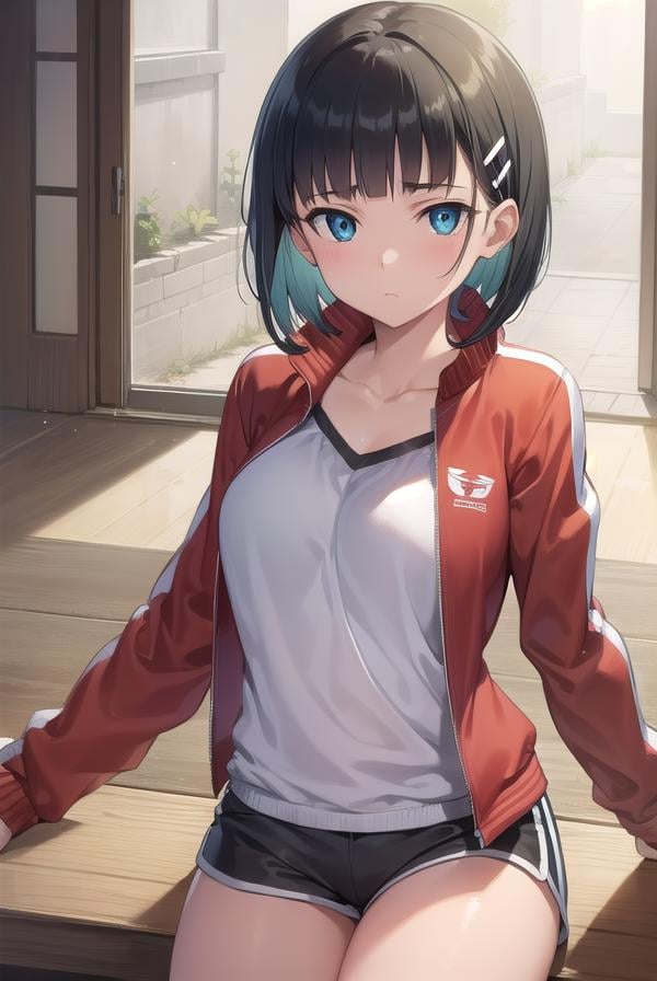 suguhakirigaya, <lora:suguhakirigayatest:1>, suguha kirigaya, (green eyes:1.2), hair ornament, hairclip, short hair, black hair,BREAK jacket, track jacket, (red  track jacket:1.5), zipper, shorts, short shorts,BREAK looking at viewer,BREAK indoors,BREAK <lyco:GoodHands-beta2:1>, (masterpiece:1.2), best quality, high resolution, unity 8k wallpaper, (illustration:0.8), (beautiful detailed eyes:1.6), extremely detailed face, perfect lighting, extremely detailed CG, (perfect hands, perfect anatomy),