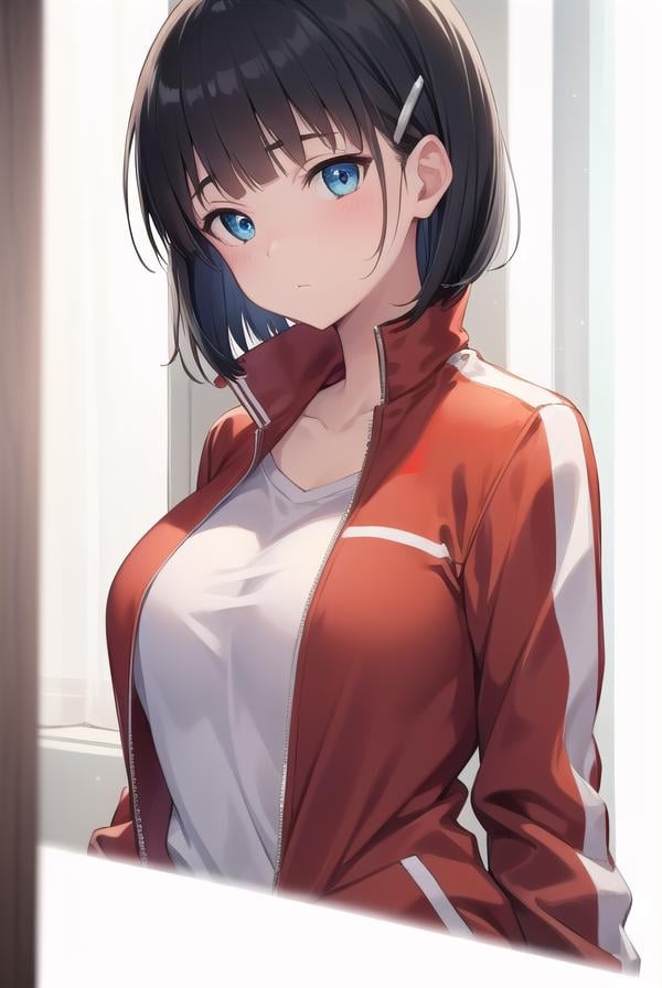 suguhakirigaya, <lora:suguhakirigayatest:1>, suguha kirigaya, (green eyes:1.2), hair ornament, hairclip, short hair, black hair,BREAK jacket, track jacket, (red  track jacket:1.5), zipper, shorts, short shorts,BREAK looking at viewer,BREAK indoors,BREAK <lyco:GoodHands-beta2:1>, (masterpiece:1.2), best quality, high resolution, unity 8k wallpaper, (illustration:0.8), (beautiful detailed eyes:1.6), extremely detailed face, perfect lighting, extremely detailed CG, (perfect hands, perfect anatomy),