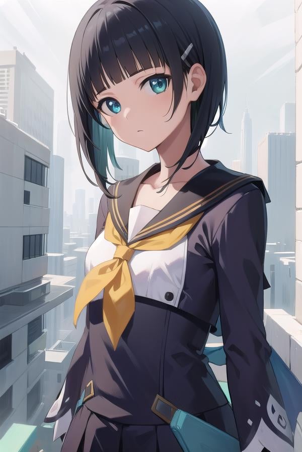 suguhakirigaya, <lora:suguhakirigayatest:1>, suguha kirigaya, (green eyes:1.2), hair ornament, hairclip, short hair, black hair,BREAK black sailor collar, collarbone, neckerchief, sailor collar, yellow neckerchief,BREAK looking at viewer,BREAK city,BREAK <lora:GoodHands-vanilla:1>, (masterpiece:1.2), best quality, high resolution, unity 8k wallpaper, (illustration:0.8), (beautiful detailed eyes:1.6), extremely detailed face, perfect lighting, extremely detailed CG, (perfect hands, perfect anatomy),