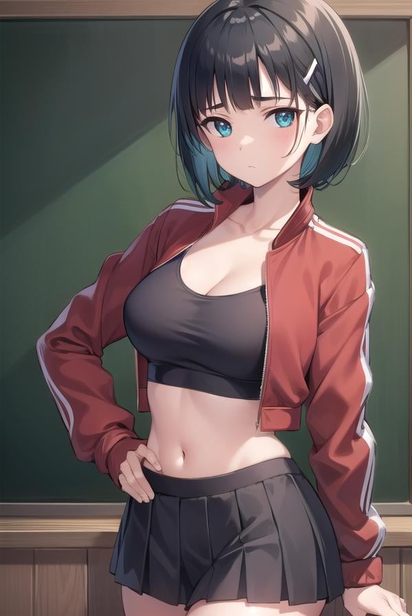 suguhakirigaya, <lora:suguhakirigayatest:1>, suguha kirigaya, (green eyes:1.2), hair ornament, hairclip, short hair, black hair,BREAK skirt, black skirt, jacket, track jacket, (red  track jacket:1.5), cleavage, bra, panties, white panties, zipper, navel, stomach, tank top, black tank top, BREAK looking at viewer,BREAK indoors, classroom,BREAK <lyco:GoodHands-beta2:1>, (masterpiece:1.2), best quality, high resolution, unity 8k wallpaper, (illustration:0.8), (beautiful detailed eyes:1.6), extremely detailed face, perfect lighting, extremely detailed CG, (perfect hands, perfect anatomy),