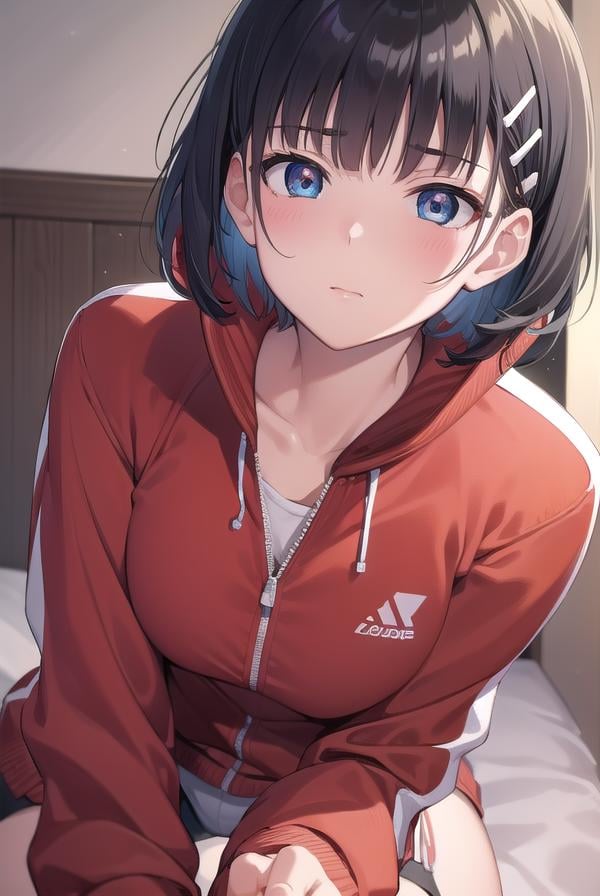 suguhakirigaya, <lora:suguhakirigayatest:1>, suguha kirigaya, (green eyes:1.2), hair ornament, hairclip, short hair, black hair,BREAK jacket, track jacket, (red  track jacket:1.5), zipper, shorts, short shorts,BREAK looking at viewer,BREAK indoors,BREAK <lyco:GoodHands-beta2:1>, (masterpiece:1.2), best quality, high resolution, unity 8k wallpaper, (illustration:0.8), (beautiful detailed eyes:1.6), extremely detailed face, perfect lighting, extremely detailed CG, (perfect hands, perfect anatomy),