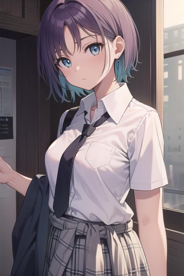 toruasakura, <lora:toruasakuratest:1>, toru asakura, blue hair, earrings, gradient hair, multicolored hair, parted bangs, purple hair,BREAK cardigan, cardigan around waist, clothes around waist, loose necktie, open collar, plaid, plaid skirt, pleated skirt, school uniform, skirt, sleeves rolled up, wristband,BREAK looking at viewer,BREAK indoors, classroom,BREAK <lora:GoodHands-vanilla:1>, (masterpiece:1.2), best quality, high resolution, unity 8k wallpaper, (illustration:0.8), (beautiful detailed eyes:1.6), extremely detailed face, perfect lighting, extremely detailed CG, (perfect hands, perfect anatomy),