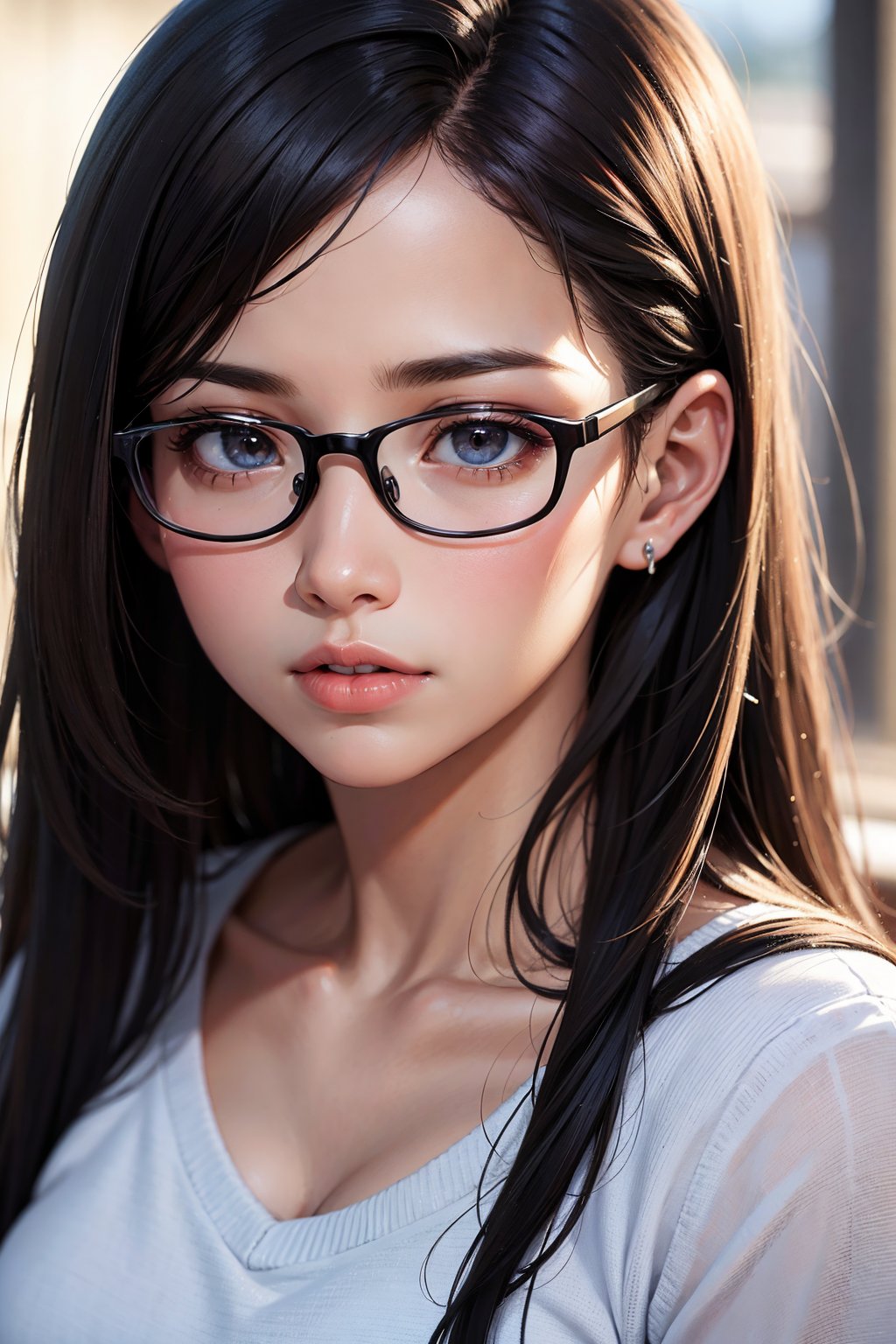 best quality, masterpiece, ultra high res, (photorealistic:1.4), RAW photo,brown_eyes,  black_hair,  straight hair,  forehead,  glasses,