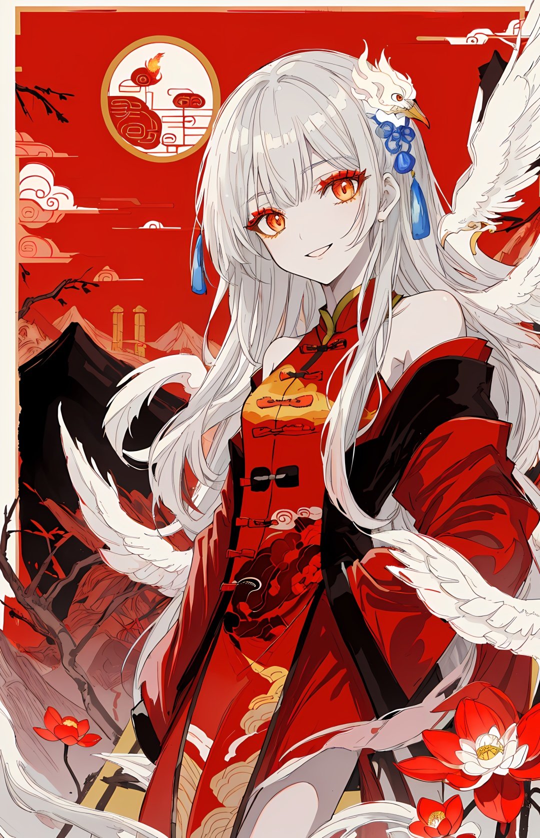 (Chinese girl:1.35),((red and yellow:0.85) but Limited palette:1.2),//,Chinese architecture,Ink,hair flowers,bamboo forest,bamboo,//(long hair),white hair,(loli),small breasts,upper body,smile,((phoenix)),fire,(makeup,red eyeliner),red eyeshadow,red eyes,(long eyelashes),half-closed eyes,peacock skirt,growth,leaf,tree,branch,peacock feathers,bare shoulders,bare legs,(chinese knot),( ink painting, ink splashes, ink wash),cloudy,cirrocumulus,mountains,lake,Chinese style architecture,(Yellow Crane Tower),chinese_trees,branch,(plum blossom),(lotus),petals,