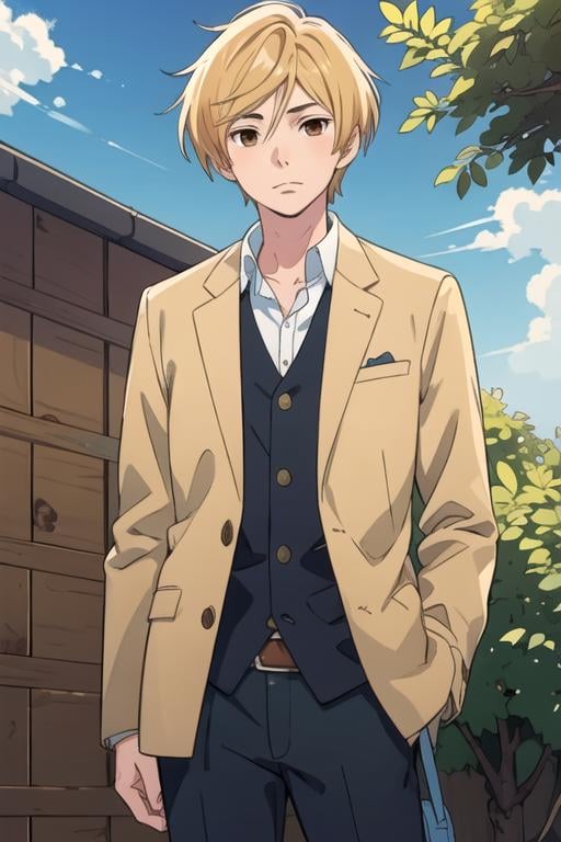 masterpiece, best quality, illustration, 1boy, solo, male focus, looking at viewer, , , anime coloring, , <lora:rio_yamamoto:0.68>, rio_yamamoto, blonde hair, brown eyes, sport coat, , orchard,