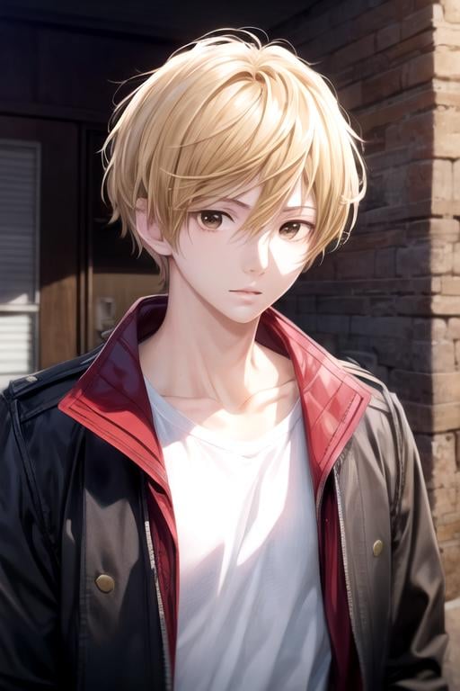 masterpiece, best quality, illustration, 1boy, solo, male focus, looking at viewer, upper body, depth of field, anime coloring, realistic, <lora:rio_yamamoto:0.70>, rio_yamamoto, blonde hair, brown eyes, , ,