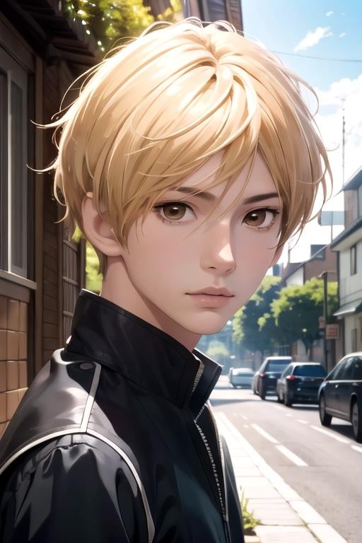 masterpiece, best quality, wallpaper, 1boy, solo, male focus, looking at viewer, , , anime coloring, realistic, <lora:rio_yamamoto:0.72>, rio_yamamoto, blonde hair, brown eyes, , , village, 12k resolution