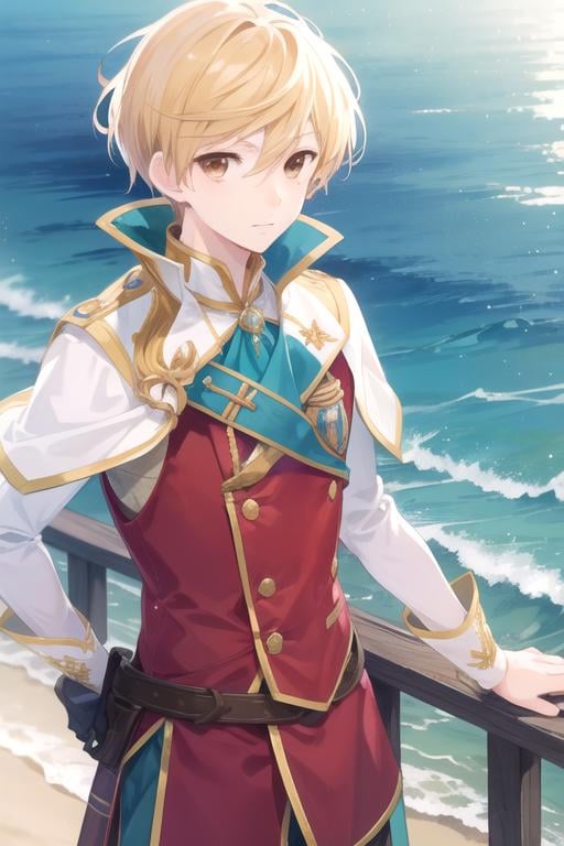 masterpiece, best quality, game cg, 1boy, solo, male focus, looking at viewer, , depth of field, , realistic, <lora:rio_yamamoto:0.66>, rio_yamamoto, blonde hair, brown eyes, irish costume, ocean bottom,