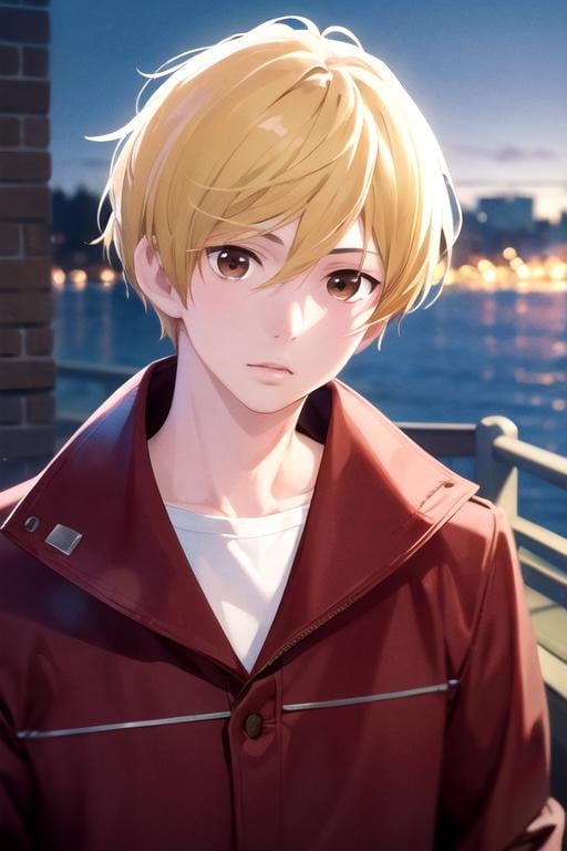 masterpiece, best quality, wallpaper, 1boy, solo, male focus, looking at viewer, , depth of field, , realistic, <lora:rio_yamamoto:0.72>, rio_yamamoto, blonde hair, brown eyes, , , harbor, 8k resolution