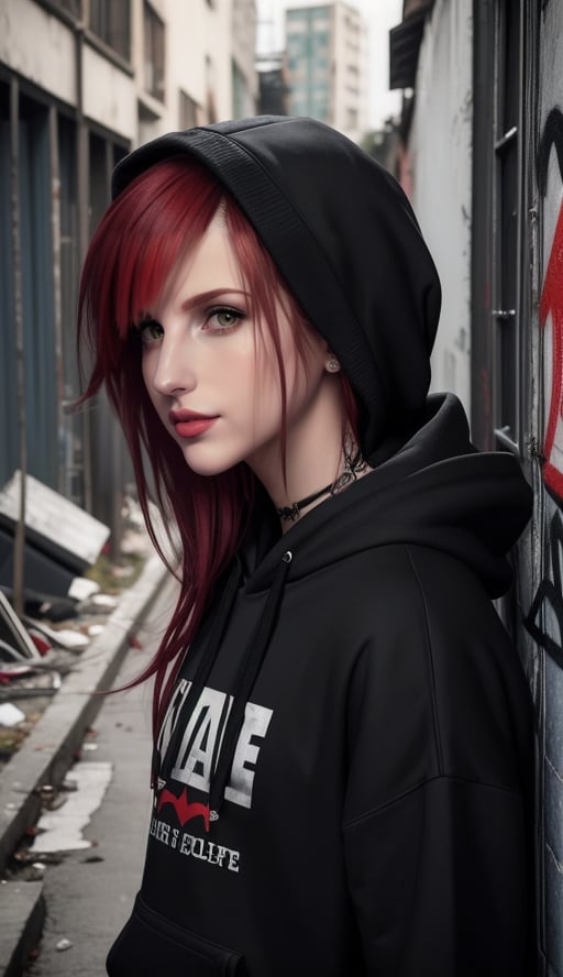 perfecteyes,  emo hair,  emo style,  half body,  emo girls,  bad life,  dark,  sad,  graffiti background,  slum,  clear chin,  HW2,  hoodie,  red_hair, <lora:EMS-47075-EMS:-0.200000>