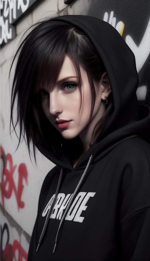 perfecteyes,  emo hair,  emo style,  half body,  emo girls,  bad life,  dark,  sad,  graffiti background,  hoodie,  side face, <lora:EMS-47075-EMS:0.200000>