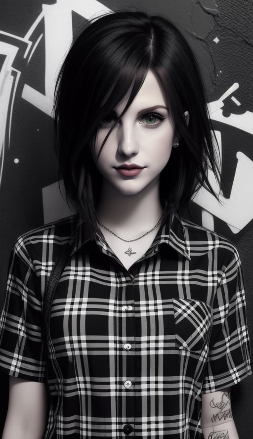 perfecteyes,  emo hair,  emo style,  half body,  emo girls,  bad life,  dark,  sad,  graffiti background,  black white plaid shirt, <lora:EMS-47075-EMS:0.200000>