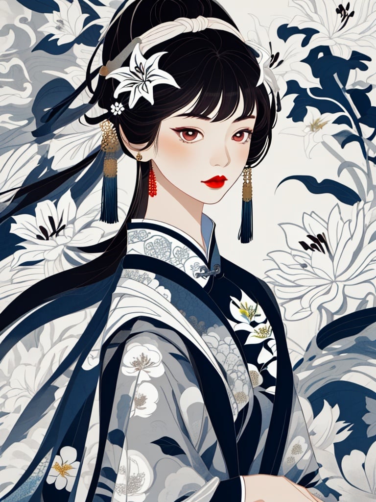 pallor,1girl,black hair,chinese clothes,floral background,floral print,flower hair,ornament,lily \(flower\),portrait,red lips,simple background,solo,white flower,