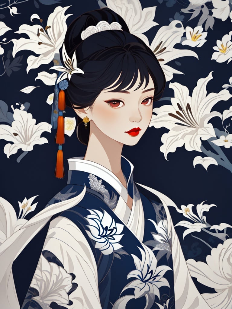 pallor,1girl,black hair,chinese clothes,floral background,floral print,flower hair,ornament,lily \(flower\),portrait,red lips,simple background,solo,white flower,