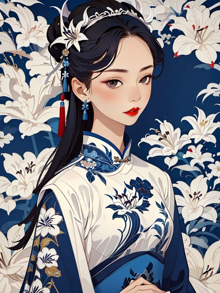 pallor,1girl,black hair,chinese clothes,floral background,floral print,flower hair,ornament,lily \(flower\),portrait,red lips,simple background,solo,white flower,