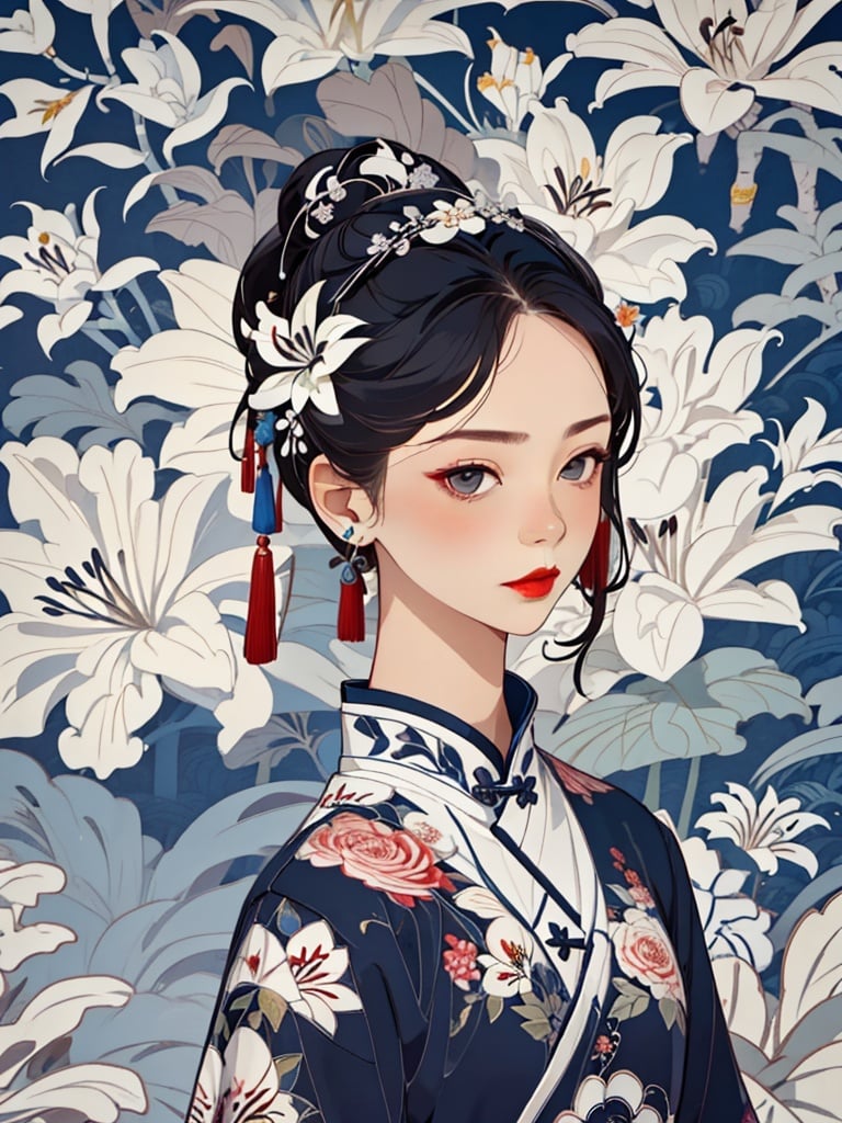 pallor,1girl,black hair,chinese clothes,floral background,floral print,flower hair,ornament,lily \(flower\),portrait,red lips,simple background,solo,white flower,