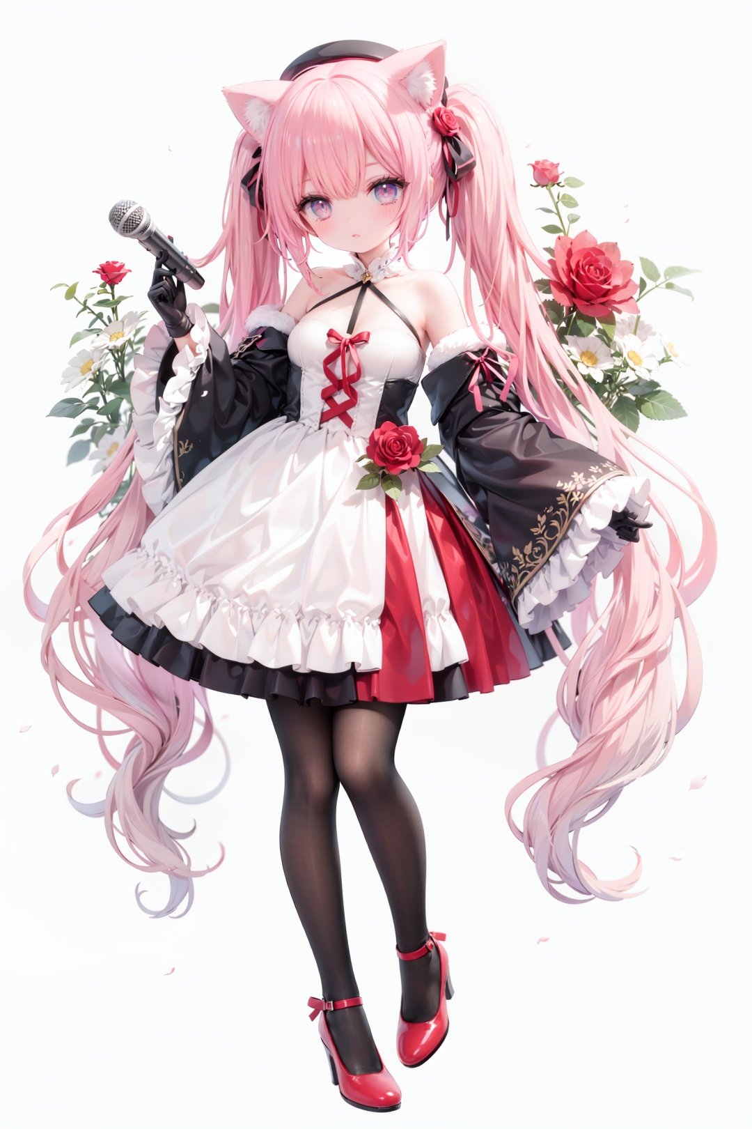 masterpiece, ((best quality)),  dynamic angle, chromatic aberration, ((colorful)),1girl, solo, flower, thighhighs, white thighhighs, gloves, red footwear, long hair, detached sleeves, animal ears, rose, blonde hair, looking at viewer, full body, hat, high heels, petals, dress, standing, twintails, wide sleeves, holding, shoes, frills, red flower, cat ears, bangs, microphone, long sleeves, white flower, hair ornament, white gloves, zettai ryouiki, bare shoulders, pink eyes, frilled dress, small breasts, breasts, closed mouth, skirt, beret, white headwear, very long hair, red eyes, red rose, white dress, blush, ribbon, black gloves, animal ear fluff, hair flower, pink flower