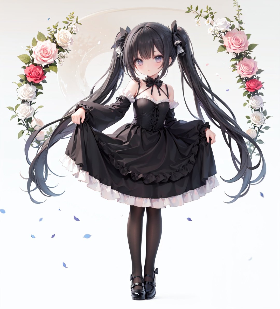 masterpiece, ((best quality)),  dynamic angle, chromatic aberration, ((colorful)),1girl, solo, black hair, long hair, dress, butterfly, bug, twintails, black footwear, lolita fashion, very long hair, pantyhose, black dress, long sleeves, bow, full body, bangs, flower, puffy sleeves, standing on one leg, shoes, white pantyhose, hair bow, looking at viewer, grey eyes, frills, standing, gothic lolita, blush, juliet sleeves, black bow, frilled dress, white flower, rose, closed mouth, skirt hold, petals, wide sleeves, mary janes, white rose