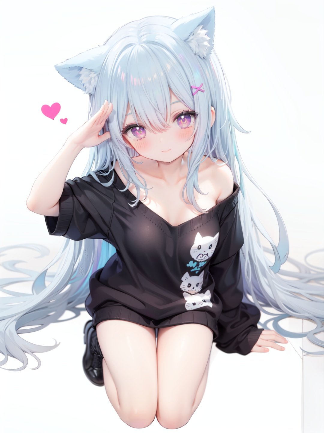 petite, loli, solo, animal ears, heart, puffy short sleeves, blue hair, long hair, off shoulder, bangs, hair ornament, gradient background,rainbow gradient, x hair ornament, animal ear fluff, looking at viewer, very long hair, blush, smile, cat ears, bare shoulders, collarbone, hand up, gradient sweater, hair between eyes, symbol-shaped pupils, arm up, heart-shaped pupils, hairclip, medium breasts, salute, bare legs,full body