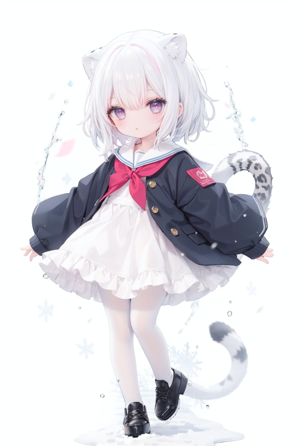 cute,Infant,solo blue shirt,blue sailor coat,loli,full body,white hair,snow leopard ear,white background,pink eyes,laugh,happy,white pantihose,white pantyhose,red armband,