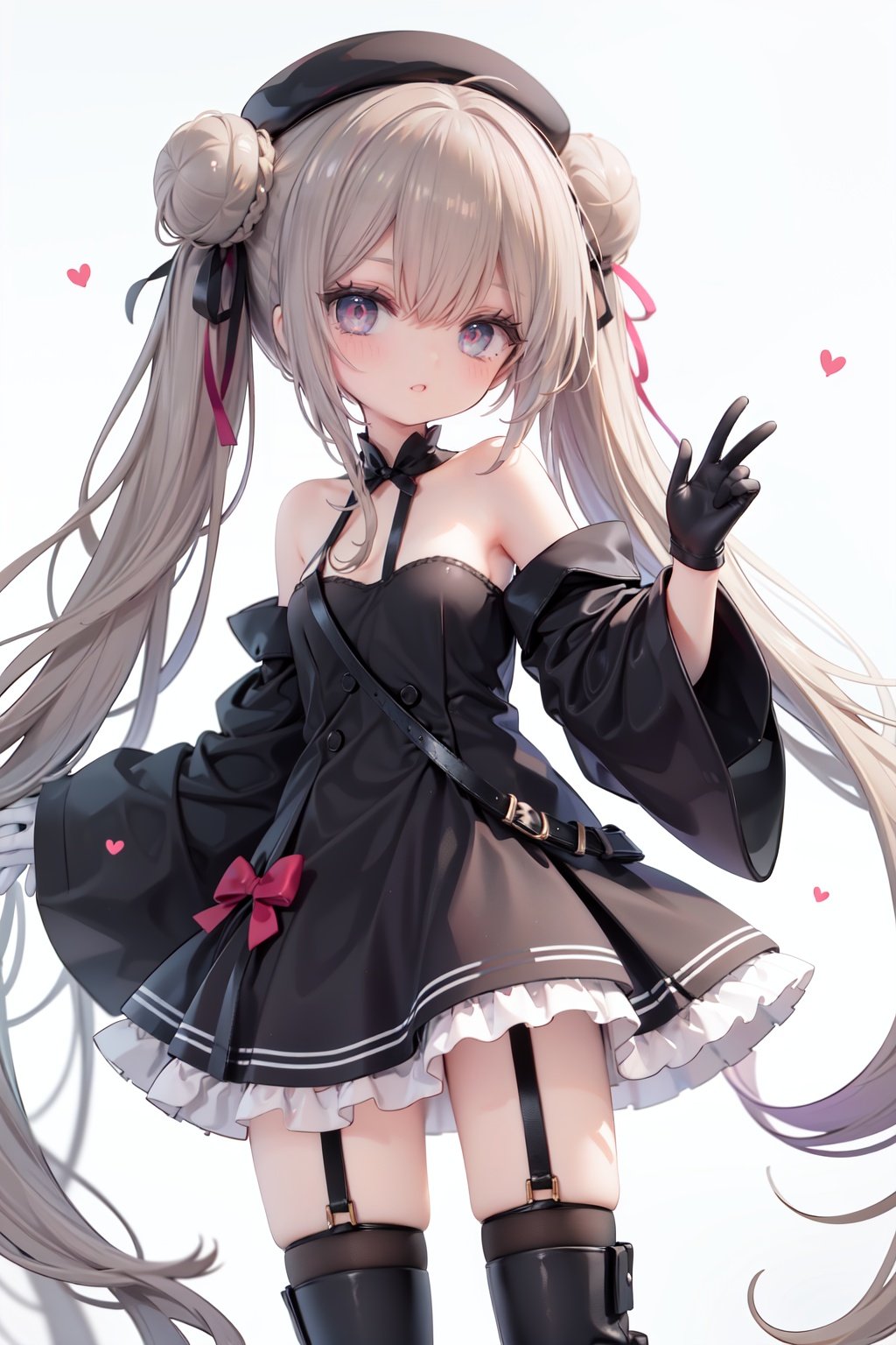 1girl, dress, double bun, hair bun, long hair, black dress, twintails, looking at viewer, smile, hat, bangs, brown hair, white background, solo, open mouth, blush, black headwear, very long hair, garter straps, thighhighs, bare shoulders, beret, :d, ribbon, black gloves, simple background, long sleeves, nail polish, black footwear, red ribbon, bow, gloves, wide sleeves, animal, hair ribbon, boots, red nails, sheath, sheathed, hair between eyes