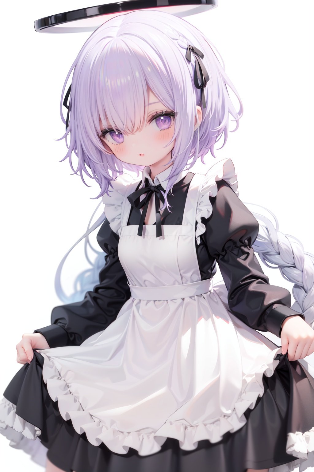 1girl,  solo,  apron,  long hair,  hair over one eye,  white background,  frills,  braid,  halo,  long sleeves,  dress,  simple background,  white hair,  white apron,  puffy sleeves,  very long hair,  frilled apron,  maid,  purple eyes,  ribbon,  parted lips,  maid apron,  bangs,  juliet sleeves,  black dress,  neck ribbon,  looking at viewer,  single braid,  blush