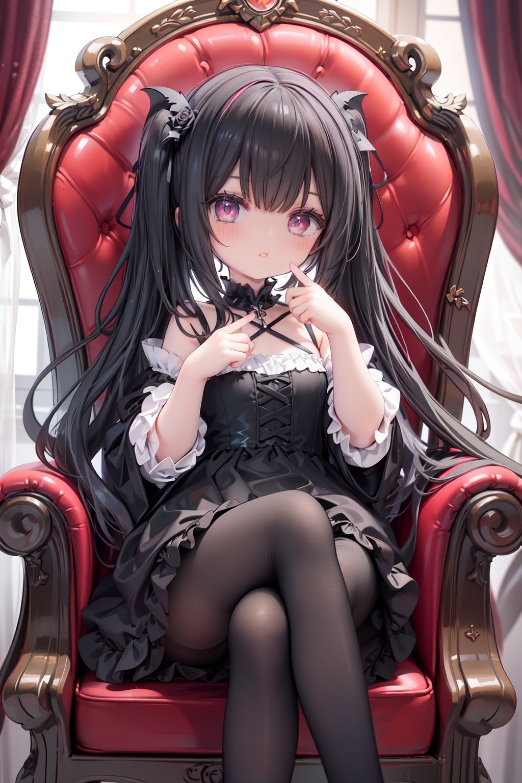 masterpiece, ((best quality)), (ultra-detailed), (illustration), an extremely delicate and beautiful girl, dynamic angle, chromatic aberration, ((colorful)),//,1girls,loli,(petite child:1.1),//,(in Gothic castle),girl with black hair,red eyes,Vertical pupil,long hair,hair arrangement,(Detailed face description),(batwing),(Gothic Lolita),(bat tail),alccandlestick,Cathedral glass,,short skirt,black pantyhose,red lace,high heels,rose tattoo,throne,sitting,crossed legs,//,