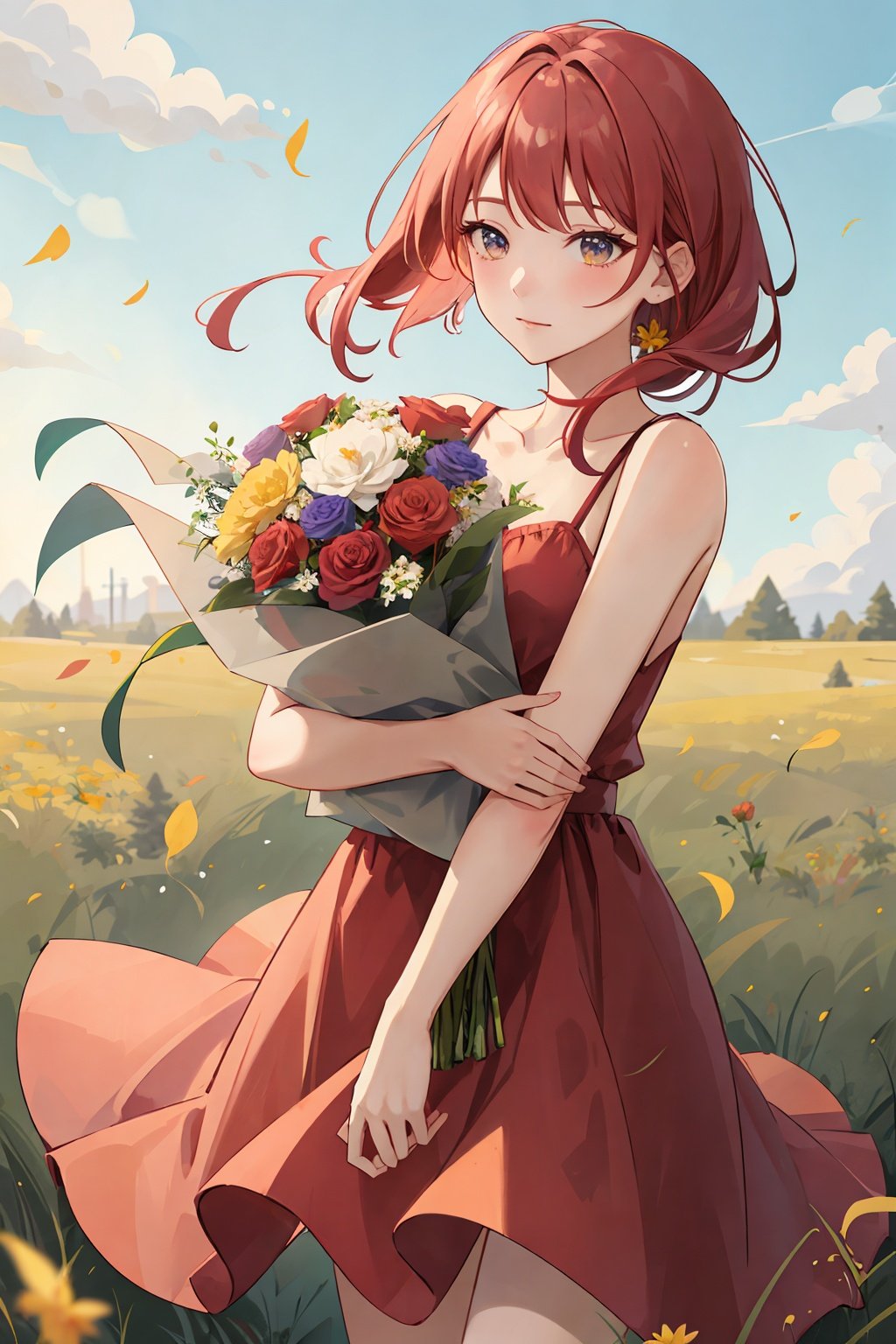 moyou,upper body,Create an image of an anime girl with bright red hair,wearing a sundress and holding a bouquet of wildflowers,standing in a field of tall grass with a soft breeze blowing through. The scene should capture the whimsical and carefree style of Sakimichan,with a sense of peace and tranquility in the air.,