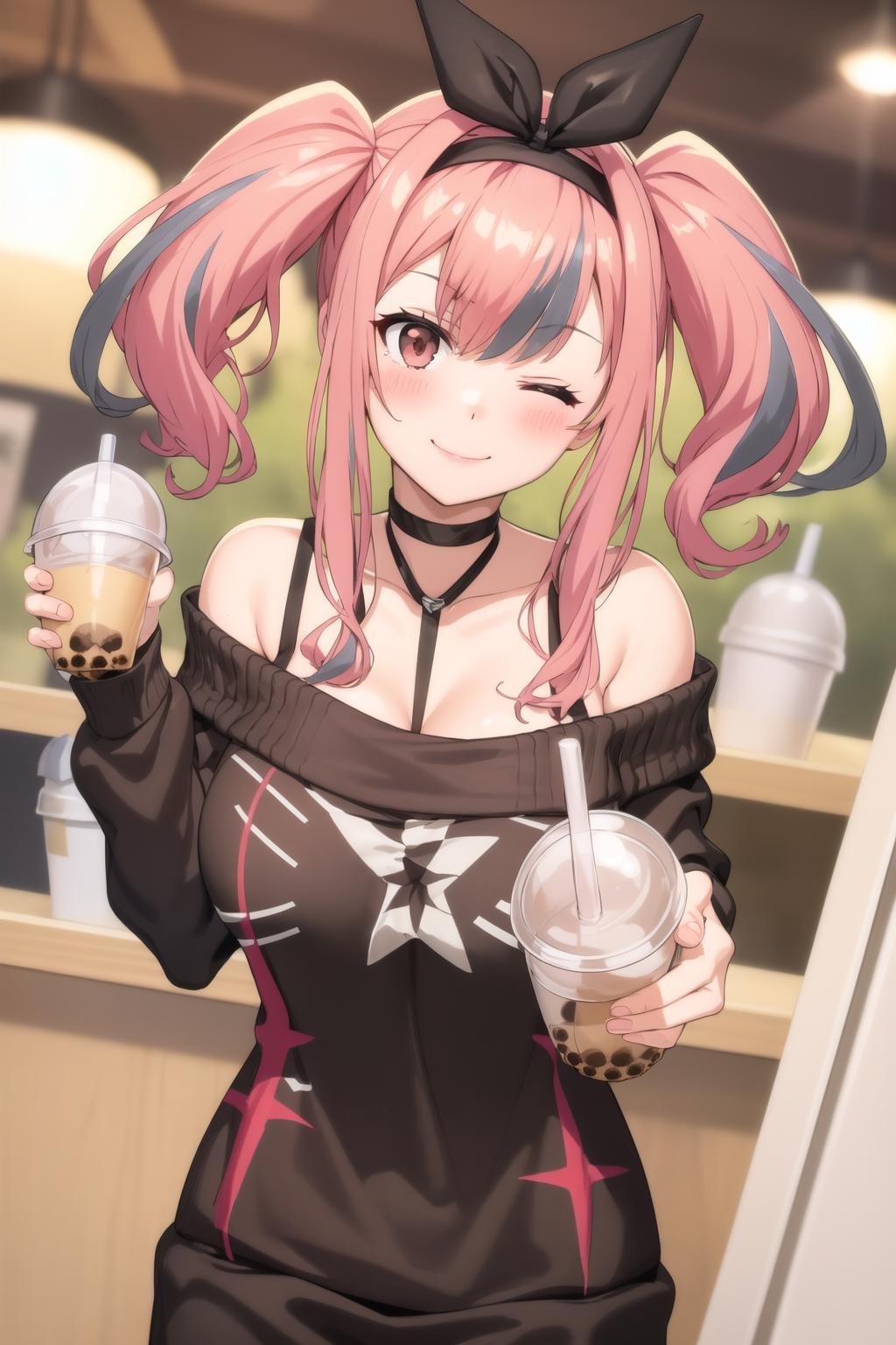 masterpiece, best quality, highly detailed, 1girl, solo, bremerton \(day-off date\), holding cup, disposable cup, bubble tea, light smile, blush, one eye closed, <lora:bremerton_day-off_nai:1> 