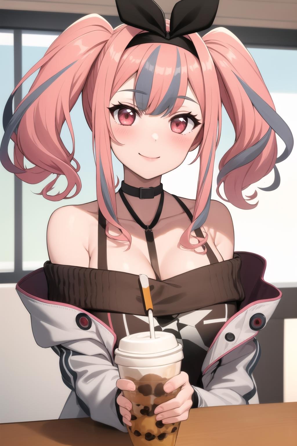 masterpiece, best quality, highly detailed, 1girl, solo, bremerton \(day-off date\), twintails, off-shoulder sweater, choker, jacket, hairband, holding cup, bubble tea, looking at viewer, smile, blush, <lora:bremerton_day-offv2:1>